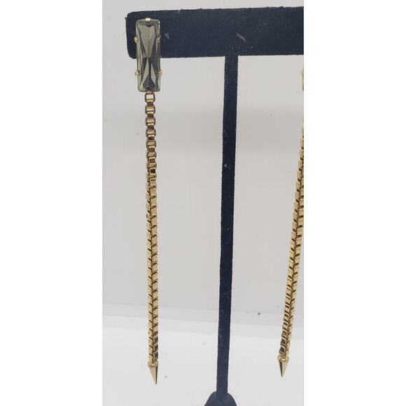 Gold Long Spike Box Chain Drop Earrings Smokey Topaz Crystal Stone Dangle - Picture 6 of 6